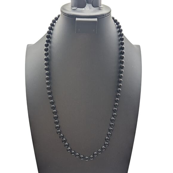 8mm Black Stone Beaded Hand Knotted Necklace 925 Vermeil Chinese Symbol Clasp - Picture 1 of 6